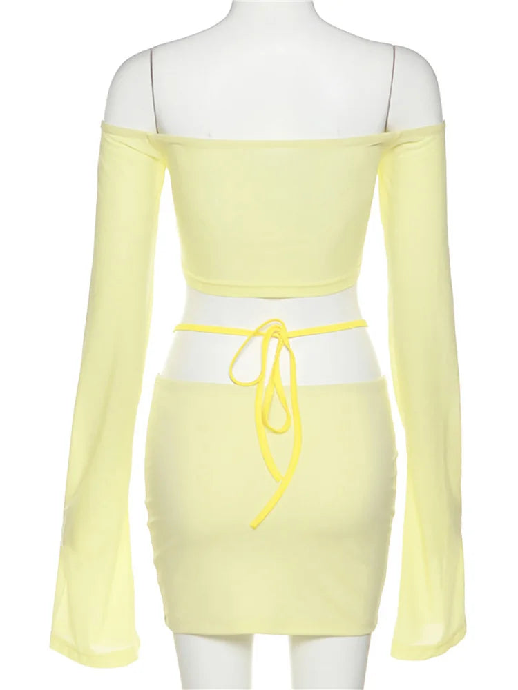 ALLNeon Y2K Aesthetics Sexy Co-ord Sets Yellow 2000s Clubwear Off Shoulder Flare Sleeve Crop Tops and Micro Skirt 2 Piece Suits