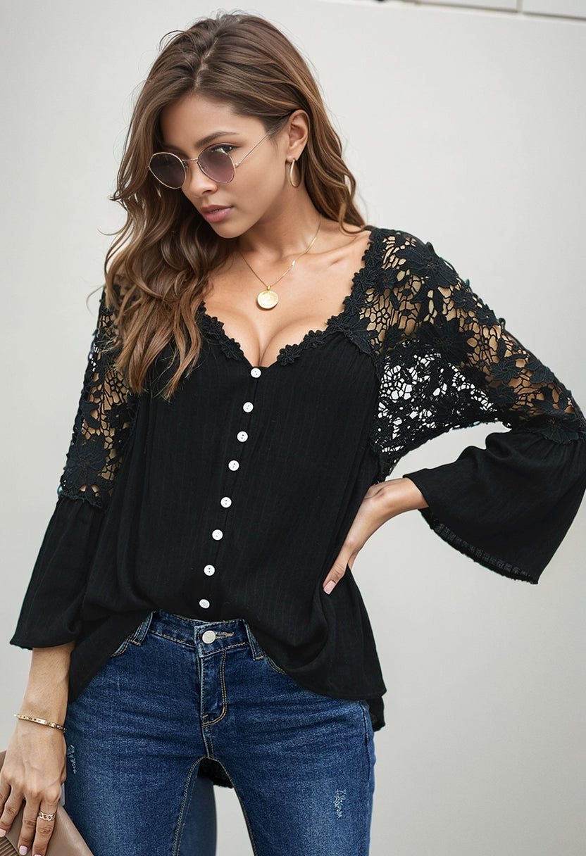 Long Sleeves Fashion Loose V-neck Pullover Tops Lace Shirt