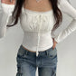 Ruched Tie Lace Trim Square Collar Slim Long Sleeve White Y2K T Shirt Women Cute Japanese Kawaii Clothing