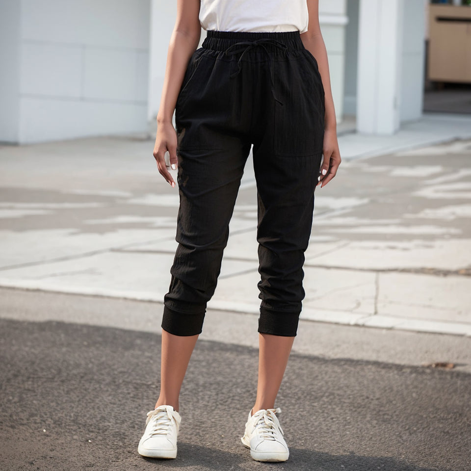 High Waist Ankle-Tied Ankle-Length Pants with Black Lace