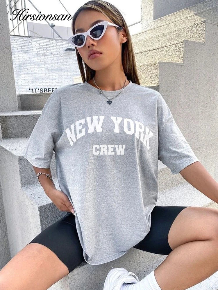 Hirsionsan Oversized Letter Graphic T-shirt Women 2023 Summer Soft O-neck Short Sleeve Tees Female Casual Loose Higt Street Top