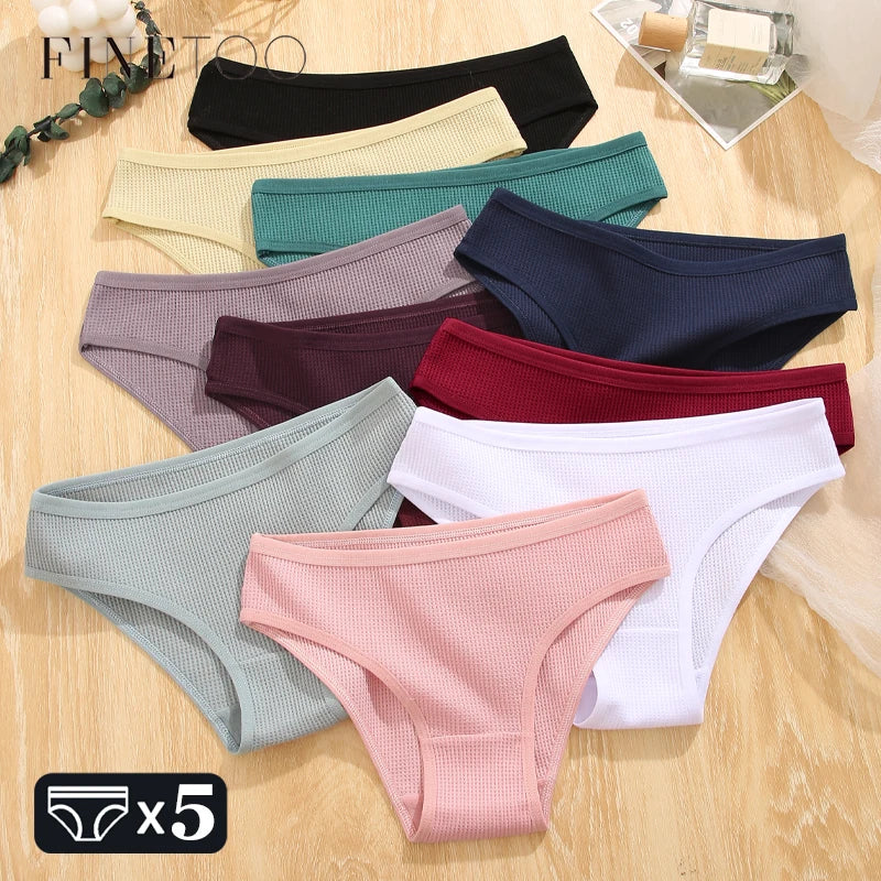 FINETOO 5Pcs Cotton Panties Breathable Underwear for Women Low-Waist Waffle Style Brief Female Comfortable Stretch Lingerie S-XL