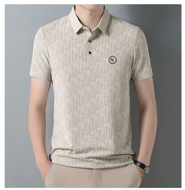 High end brand polo shirt short sleeved men's light luxury embossed top silk cool casual 2024 summer breathable lapel T-shirt