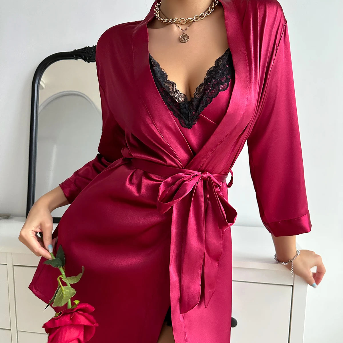 Solid Satin Pajama Set Long Sleeve Robe With Belt & Contrast Lace V Neck Slip Dress Women's Sleepwear