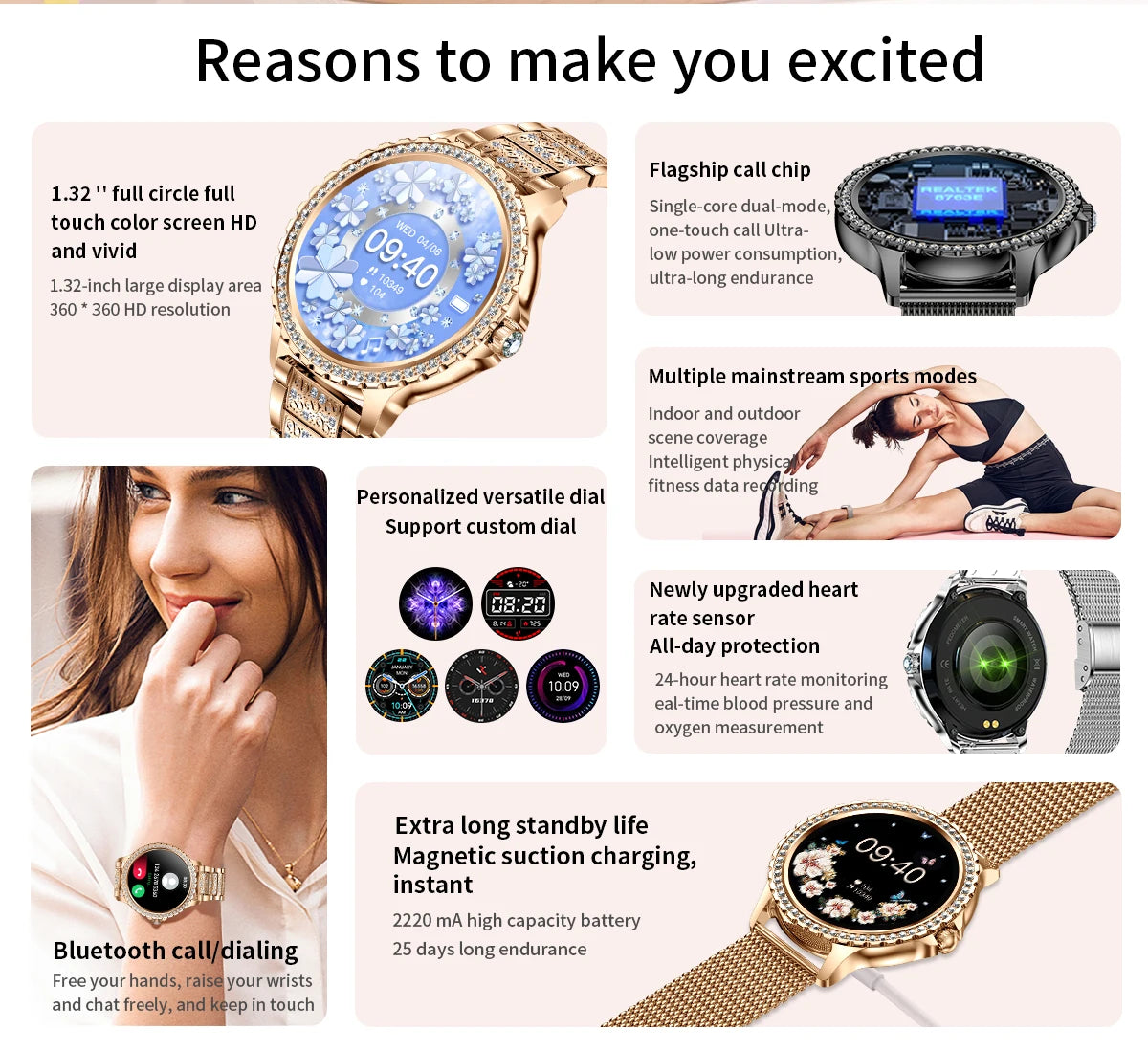 Fashion Luxury Gold Smart Watch Heart rate Blood Oxygen Sleep Monitoring Diamond Bracelet Bluetooth Call Smartwatch Ladies