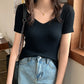 AOSSVIAO 2024 Basic V-neck Solid Thin Summer Pullover Women Female Knitted Ribbed Sweater Slim Short Sleeve Bodycon Sweater