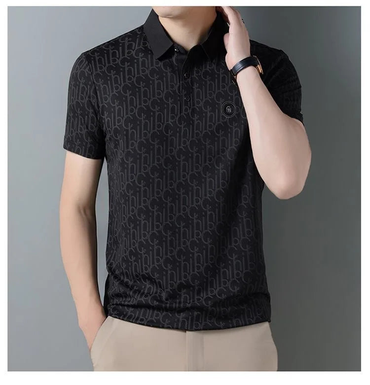 High end brand polo shirt short sleeved men's light luxury embossed top silk cool casual 2024 summer breathable lapel T-shirt