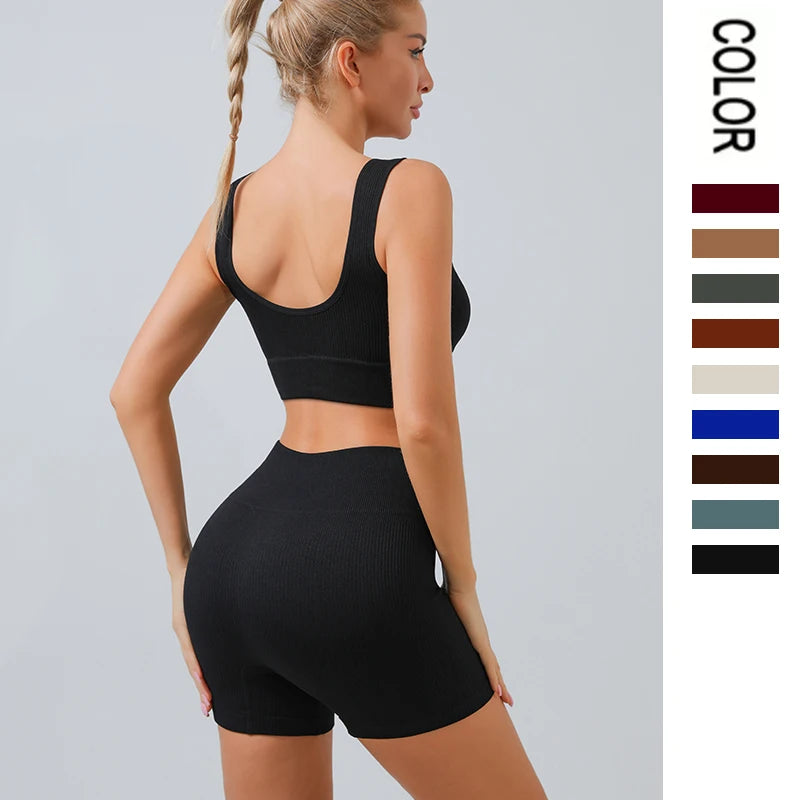 Ribbed Seamless Sport Set Women Crop Top Bra Leggings Shorts Yoga Set Sportsuit Wear Workout Outfit Fitness Gym Clothes