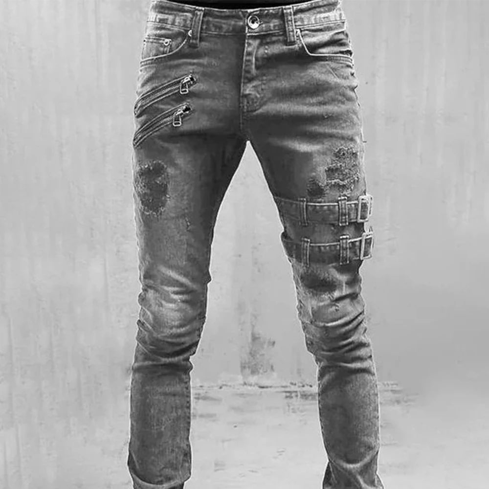 Elastic-Waist Retro Moto Biker Straight Leg Jeans