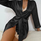 Solid Satin Pajama Set Long Sleeve Robe With Belt & Contrast Lace V Neck Slip Dress Women's Sleepwear