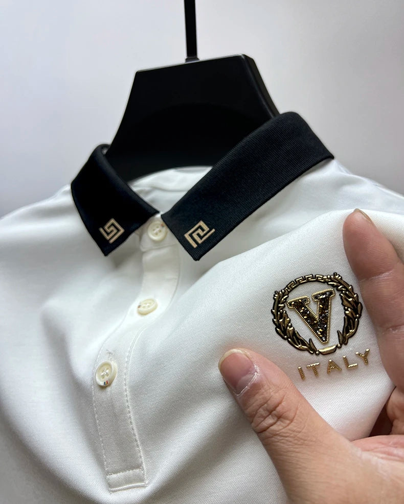 High end brand ice silk short sleeve T-shirt men's lapel 2023 summer trend hot drilling exquisite embroidery casual polo shirt