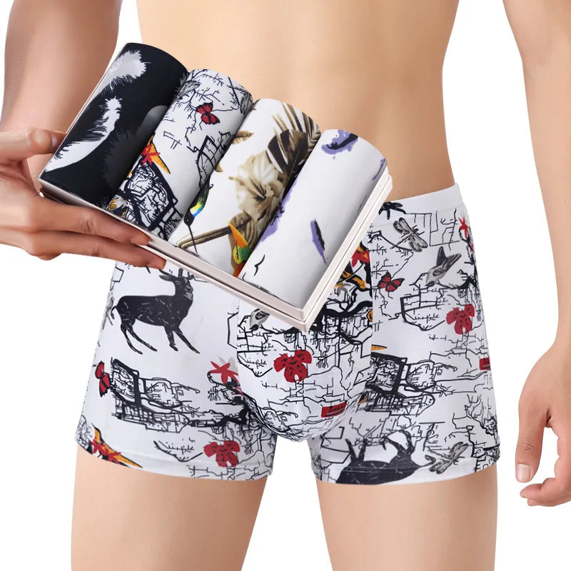 4 Pieces Men Printing Boxers Shorts Underpants Underwear XXL 3XL 4XL 4 Colors Mixing Soft Breathable Fashion Sports Casual