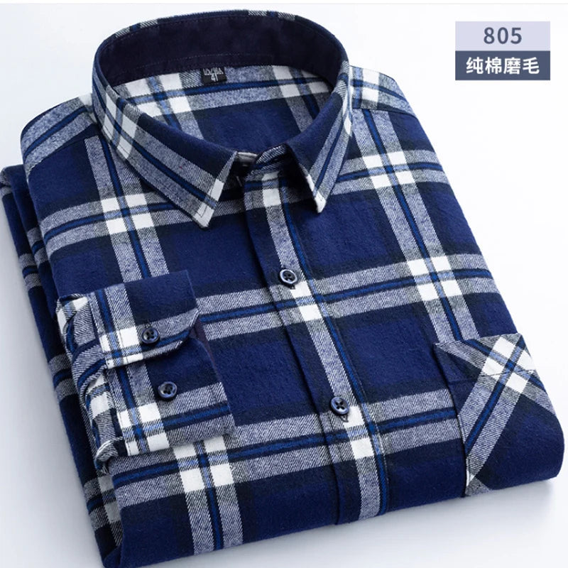 6XL Autumn/Winter Large Men's 100% Cotton Plaid Brushed Long Sleeve Shirt Wrinkle Resistant Business Casual No Iron Thick