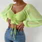 Sexy Women Mesh Lantern Sleeves Drawstring Wrap Chest Bare Midriff T Shirt Women Long Sleeves Bottoming