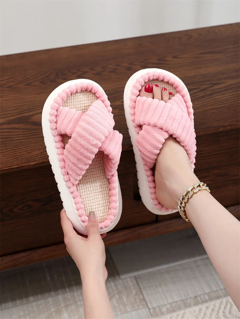 1pc Plus Size Lady Flat Fashion Trend Sweat-Absorbant Anti-Od Open Toe Cross Plush Fluffy Fur Home Slippers for Women