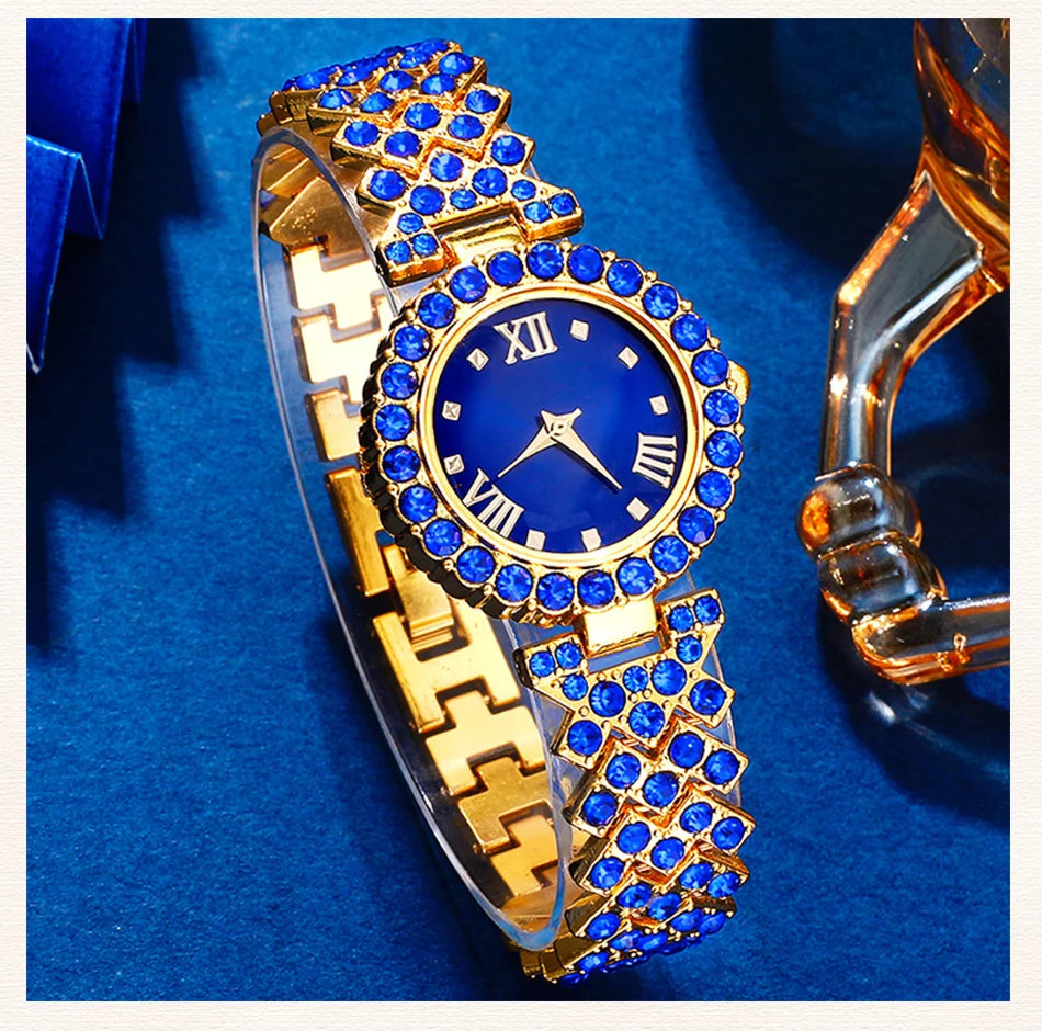 New Luxury Watch Women Necklace Earring Blue Rhinestone Fashion Wristwatch Casual Ladies Watches Jewelry Set Relogio Feminino