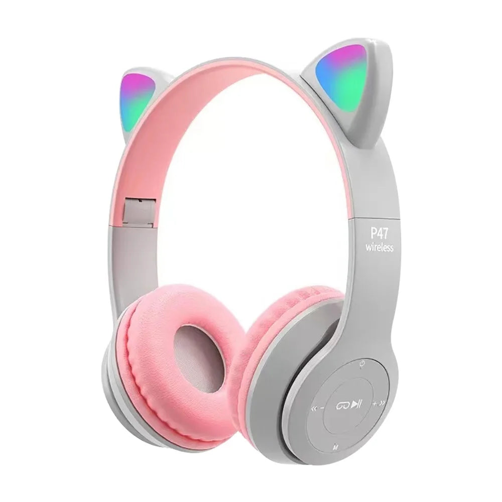 P47M Cute Cat Ear Bluetooth Headphones with LED Wireless Headset Children Girls Stereo Folding Sports Headset with Microphone