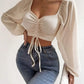 Sexy Women Mesh Lantern Sleeves Drawstring Wrap Chest Bare Midriff T Shirt Women Long Sleeves Bottoming