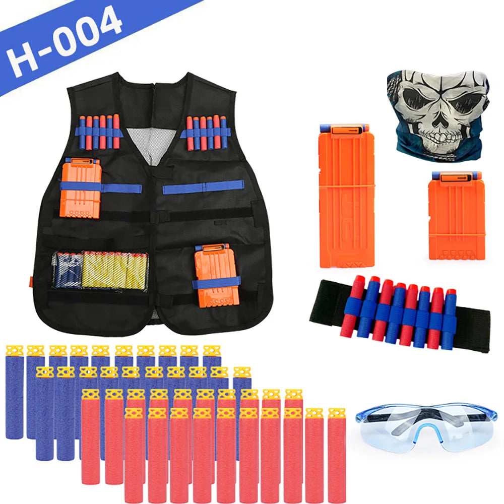 Kids Tactical Vest Kit Nerf Guns Series Refill Darts Reload Clips Tactical Mask Wrist Band and Protective Glasses Nerf Vest Toys