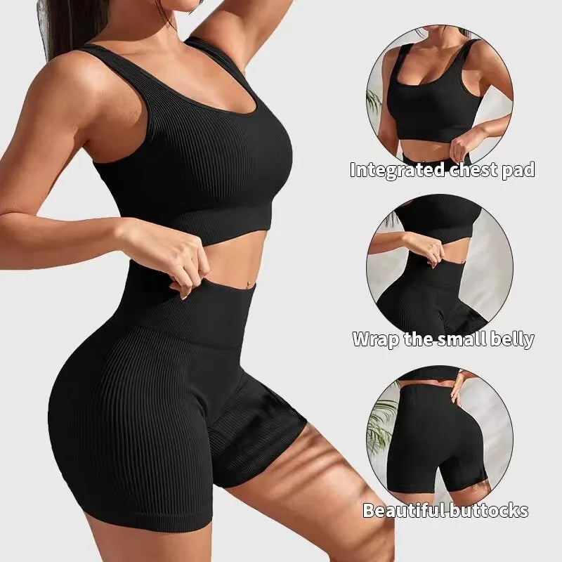 Ribbed Yoga Sport Set Women Seamless Crop Top Bra Shorts Yoga Set Comfort Elastic Sportsuit Workout Outfit Fitness Gym Clothes