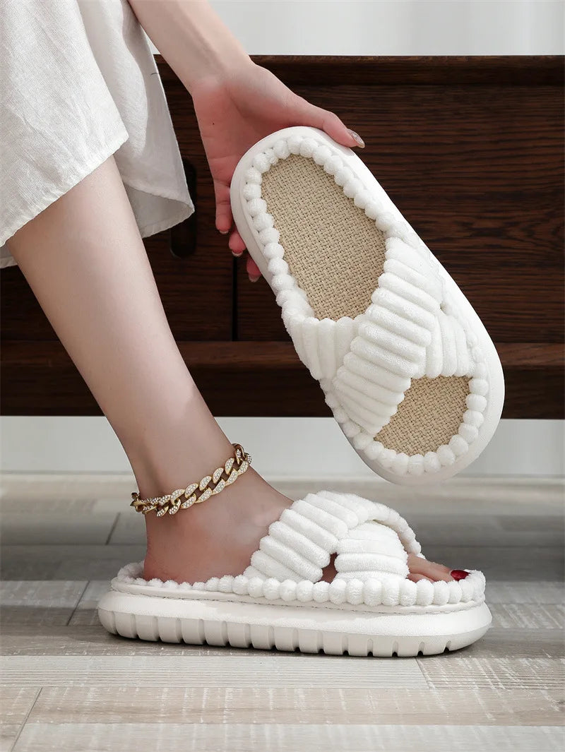 1pc Plus Size Lady Flat Fashion Trend Sweat-Absorbant Anti-Od Open Toe Cross Plush Fluffy Fur Home Slippers for Women