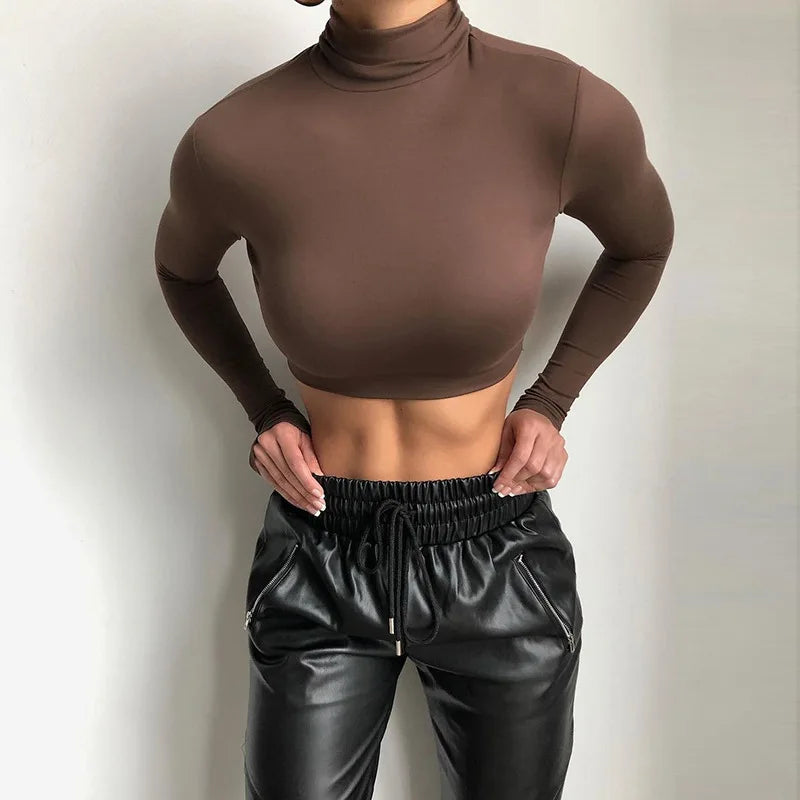 Basic Sheath Women Solid Turtleneck Tshirt Autumn Stretch Casual Undershirt Female All-match Street Activity Crop Tops