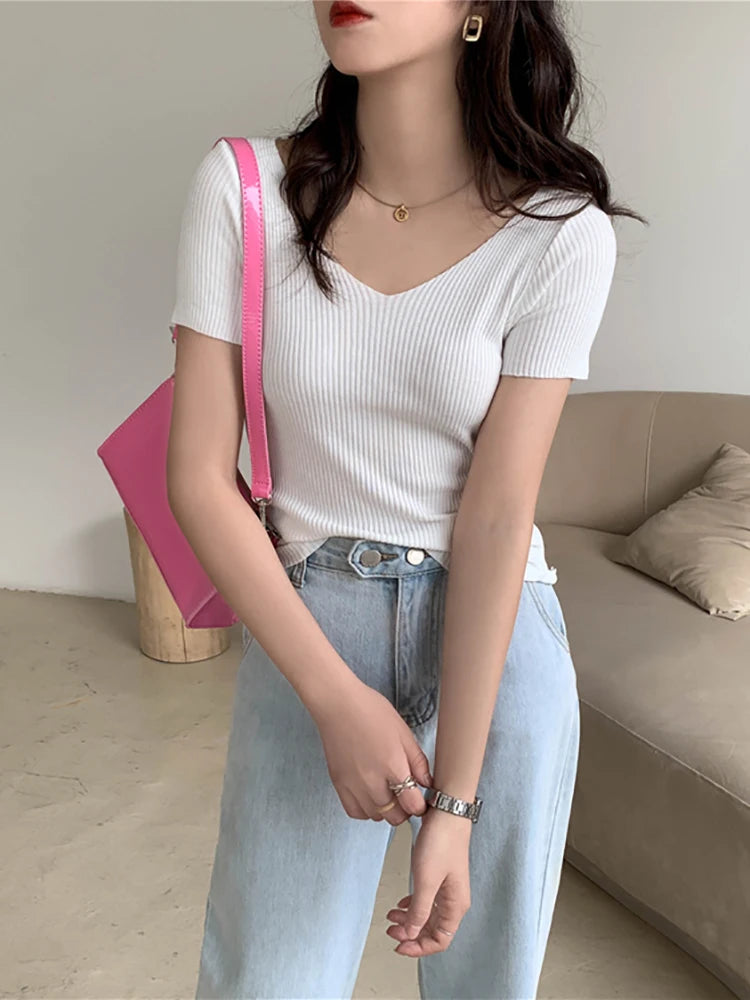 AOSSVIAO 2024 Basic V-neck Solid Thin Summer Pullover Women Female Knitted Ribbed Sweater Slim Short Sleeve Bodycon Sweater