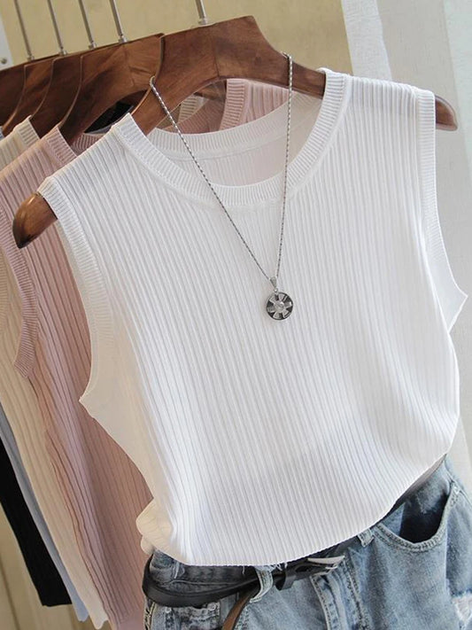 AOSSVIAO Korea Knitted Vests Women Top Summer Sleeveless Blouse Women O-neck Knitted Blouse Shirt Women Clothes Women Tops