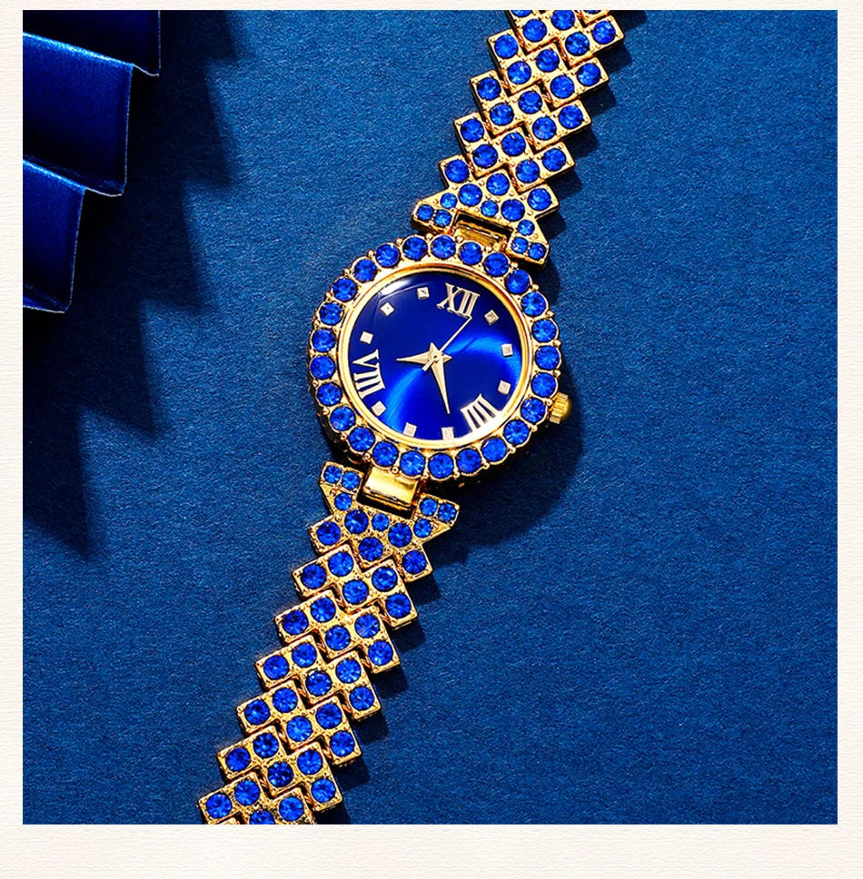 New Luxury Watch Women Necklace Earring Blue Rhinestone Fashion Wristwatch Casual Ladies Watches Jewelry Set Relogio Feminino