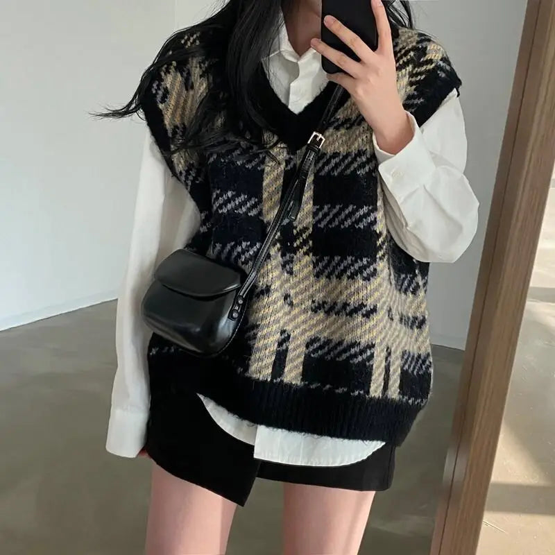 Plaid sweater pullover vest female students wear winter Korean loose retro V-neck sleeveless knitted pullover vest sweater top