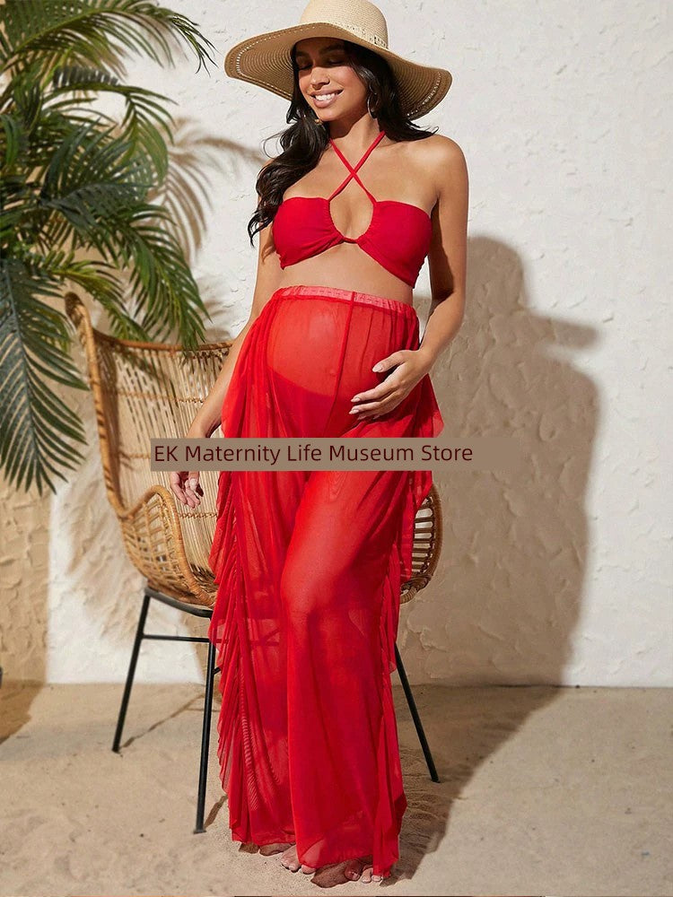 Pregnant Women's Bikini Swimsuit Three-Piece Set Women's Sexy Suspender Trousers Suit Pregnant Women's Photography Swimming Maternity Pants Plus Size