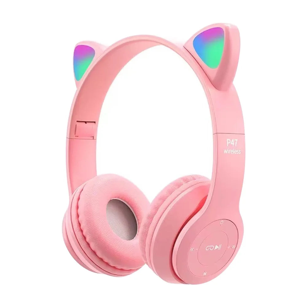 P47M Cute Cat Ear Bluetooth Headphones with LED Wireless Headset Children Girls Stereo Folding Sports Headset with Microphone