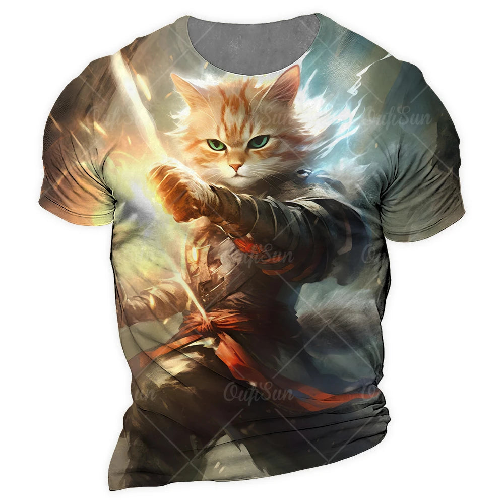 Y2K Samurai Cat Graphic T-Shirts - Men