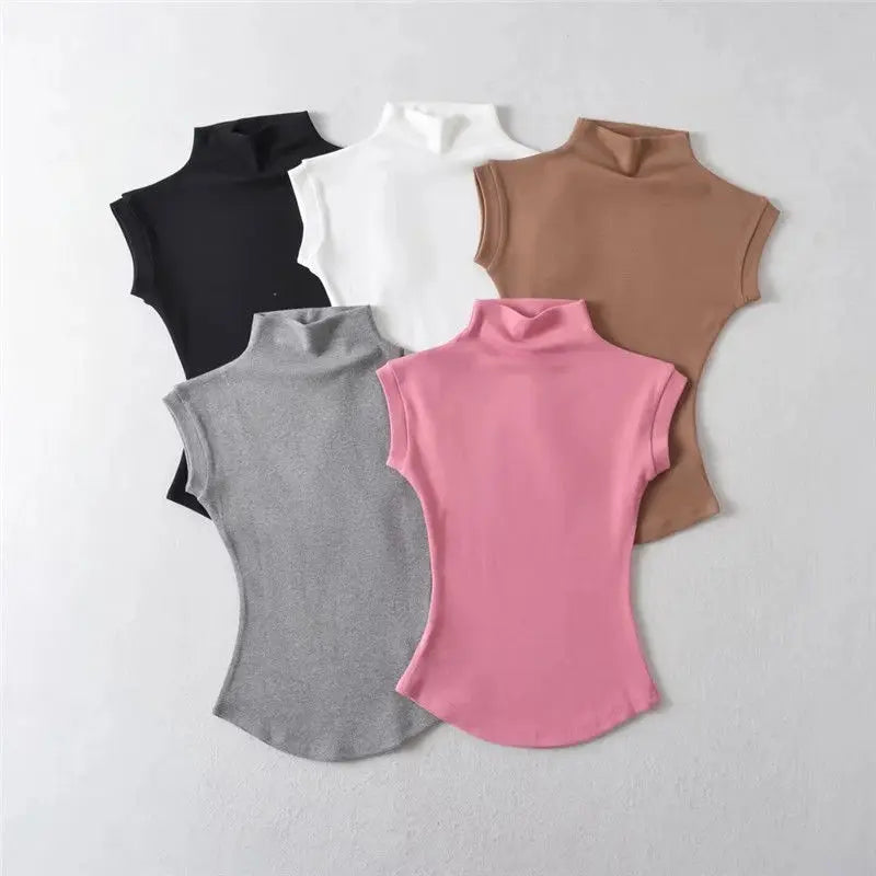 Women Summer Sexy Turtleneck Sleeveless T-Shirts Tops Solid Slim Fit Pullovers Causal Tees Shirts Female Streetwear Basics Tees