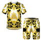 Summer 3D printed T-shirt shorts 2-piece casual men's set pattern men's sports set gold luxurious retro short sleeved set