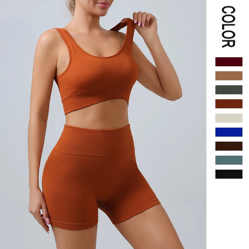 Ribbed Seamless Sport Set Women Crop Top Bra Leggings Shorts Yoga Set Sportsuit Wear Workout Outfit Fitness Gym Clothes