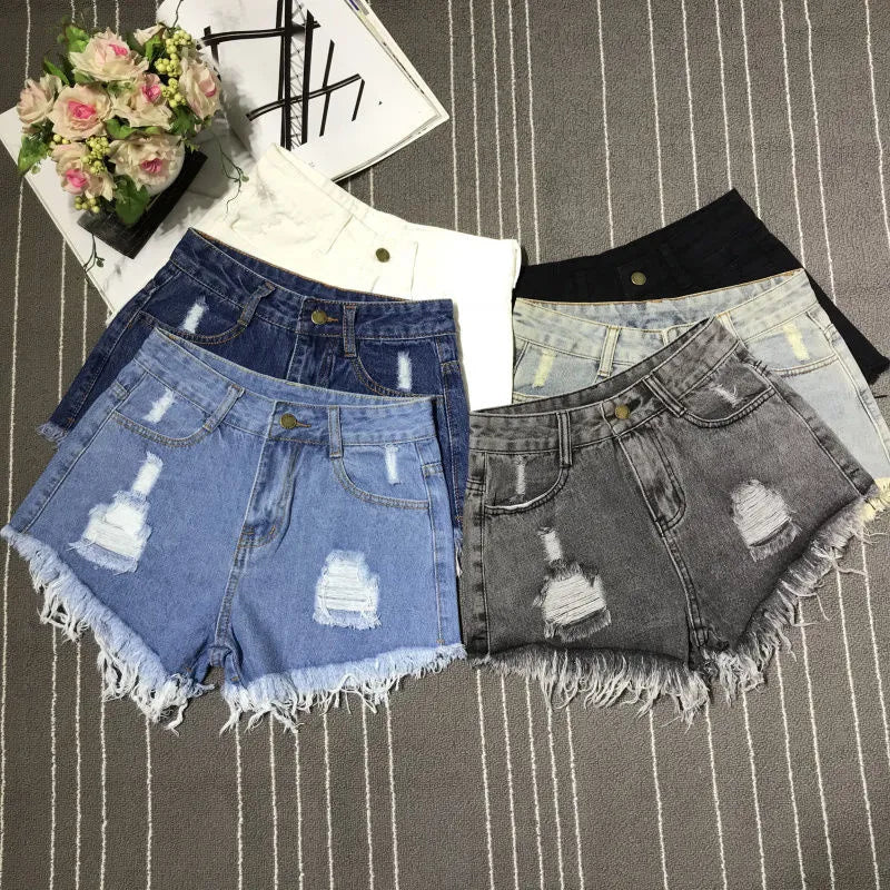 New High Waist Tassel Broken Denim Shorts Female Summer Korean Version Raw Edge Wide Leg Loose Plus Size Jean Shorts Women