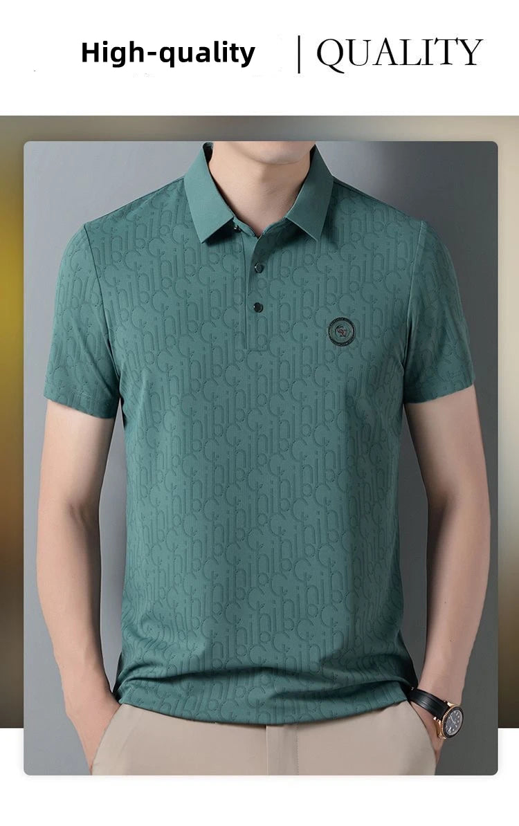 High end brand polo shirt short sleeved men's light luxury embossed top silk cool casual 2024 summer breathable lapel T-shirt