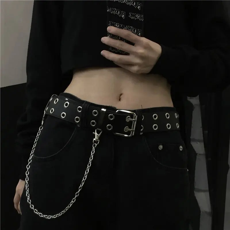 Belt female Korean ins spicy girl dark personality double-breasted metal chain decoration versatile punk men belt tide