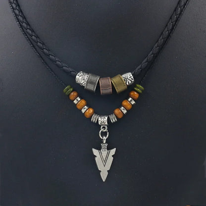 Men's Mali Necklace - Stacked Leather-Roped Polished Arrowhead