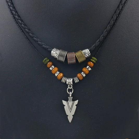 Men's Mali Necklace - Stacked Leather-Roped Polished Arrowhead