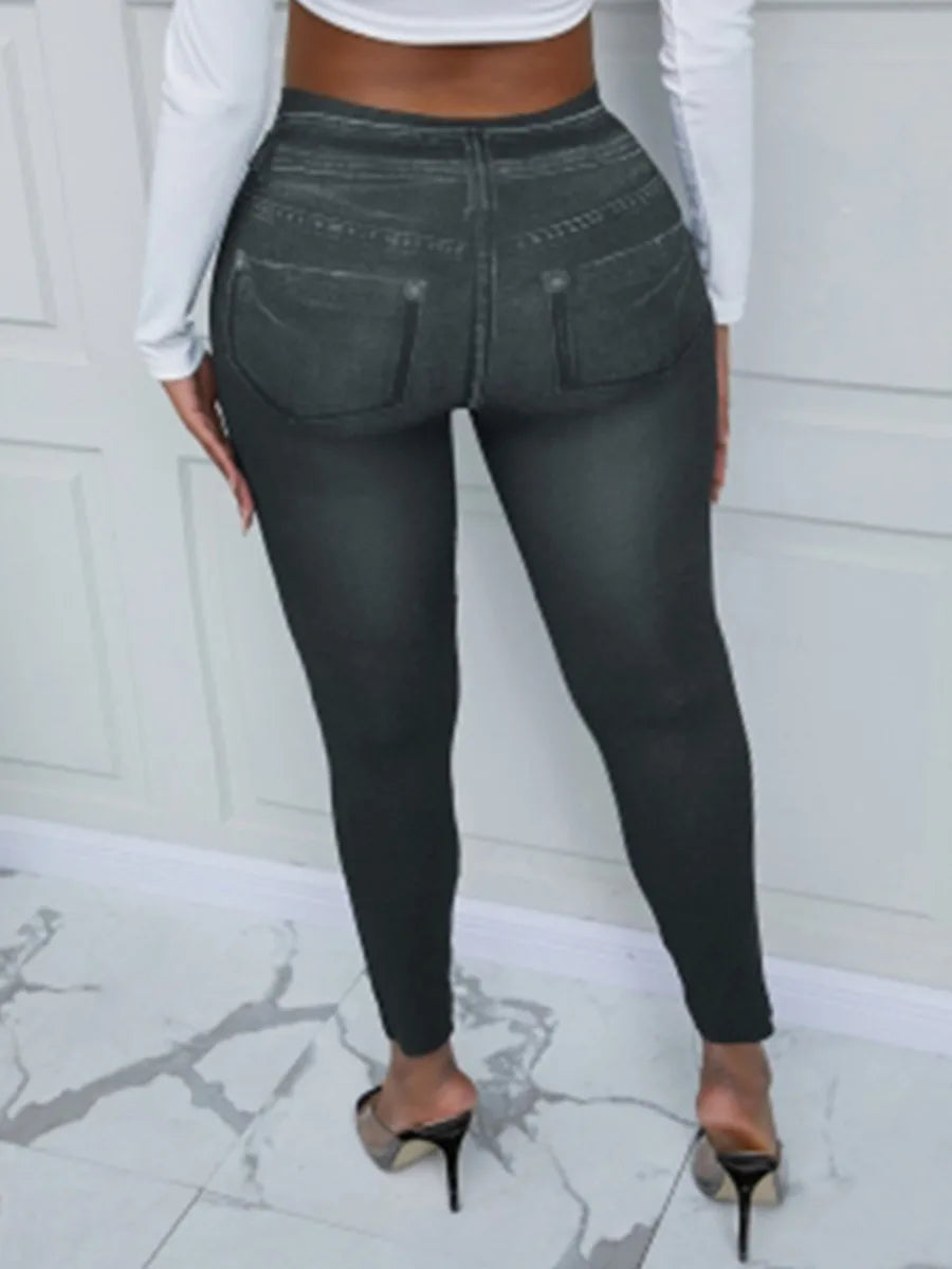 Women Imitation Denim Plus Size Mid-Waist Yoga Pants