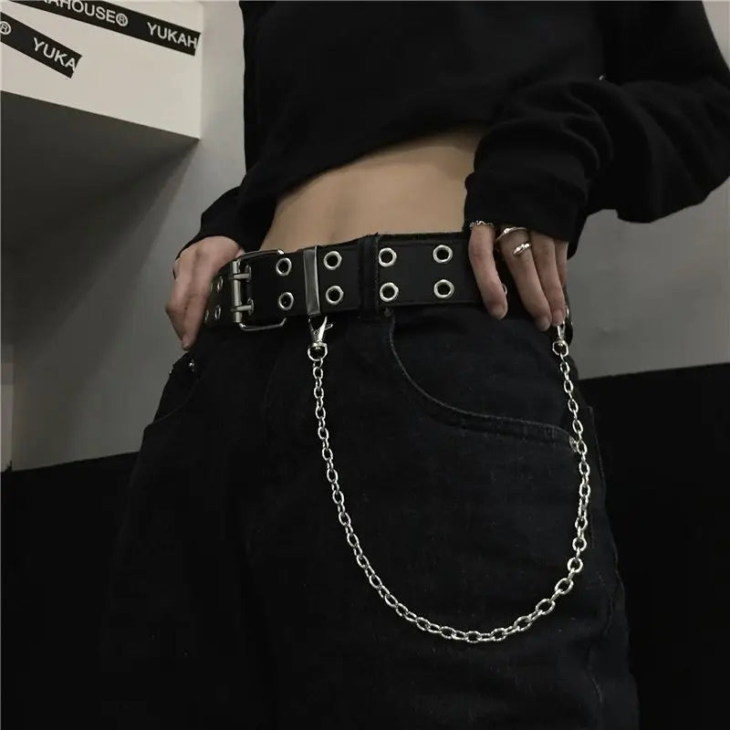 Belt female Korean ins spicy girl dark personality double-breasted metal chain decoration versatile punk men belt tide