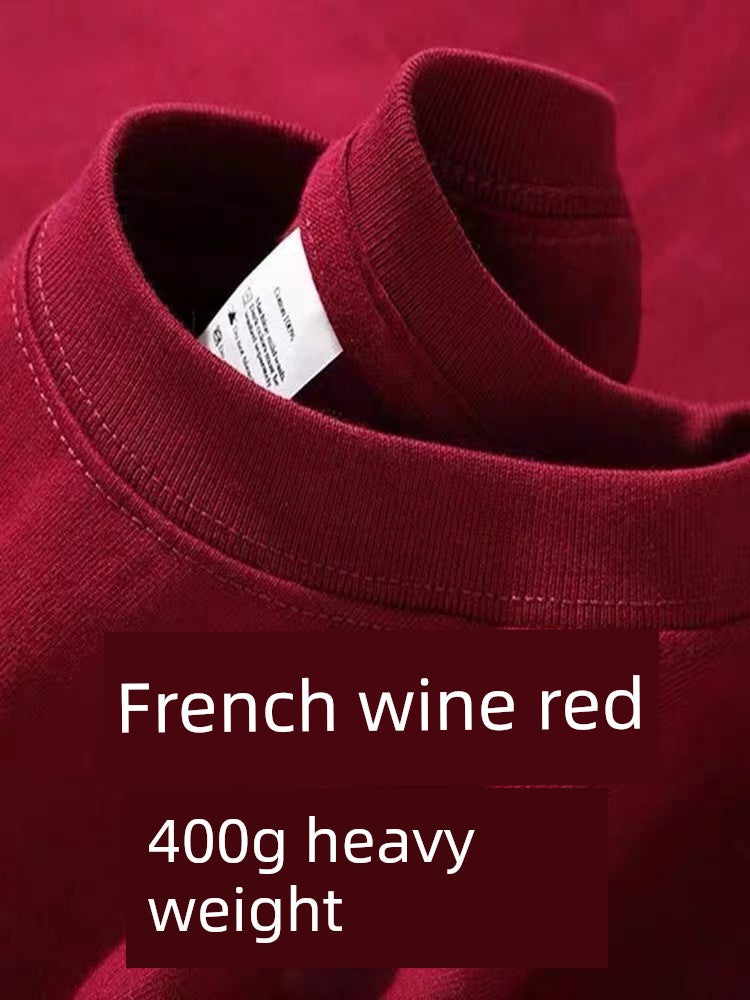 Wine Red 400G Heavy Weight Pure Cotton Short Sleeve T-shirt Thick and Opaque Loose Half Sleeve Men and Women Couple Bottoming Shirt Tops