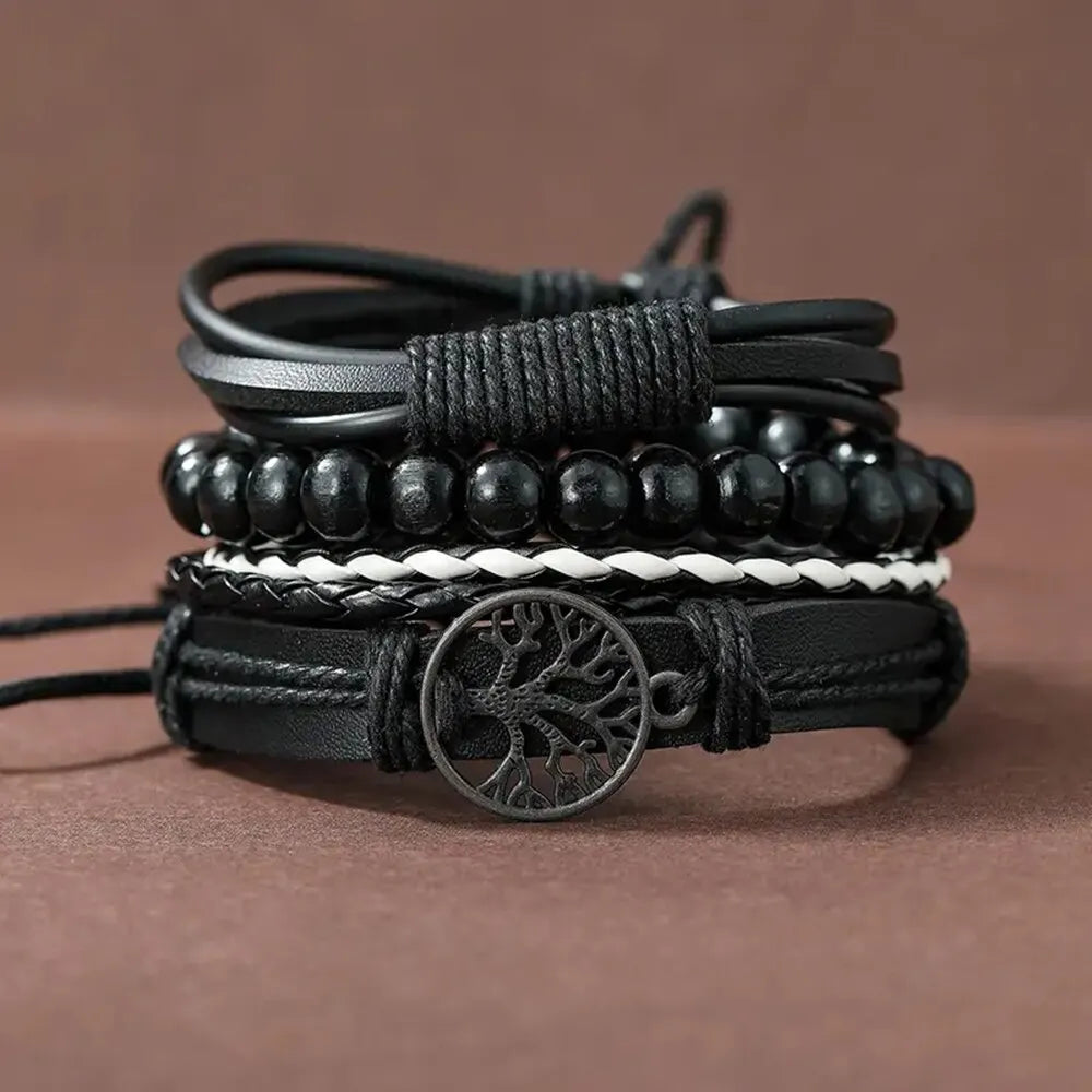 Set Of 3 Black Handmade Woven Pu Leather Bracelet For Men Multi Pack Fashion Vintage Braided Bangle As Birthday Gift