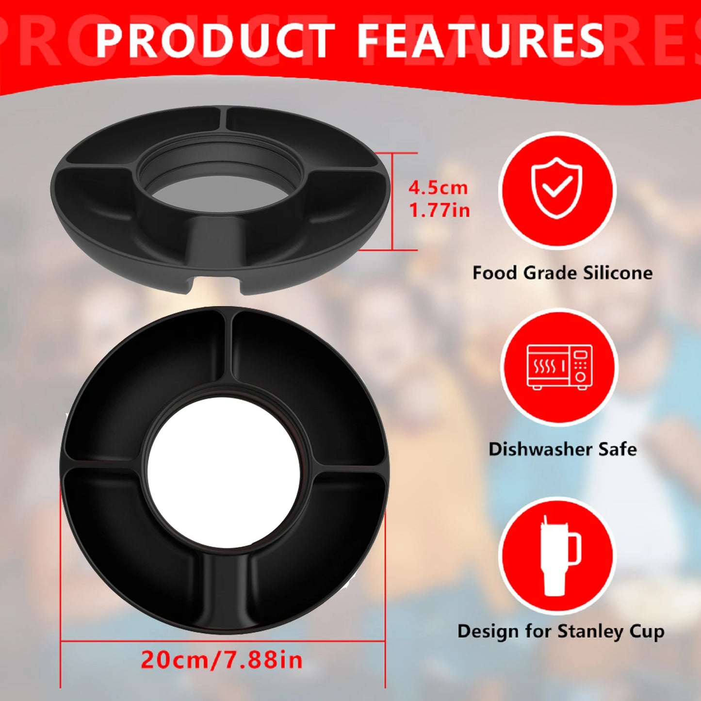 Silicone Snack Bowl Food-Grade Reusable Snack Tray Lightweight Snack Ring with 4 Compartments for Stanley Cup Accessories