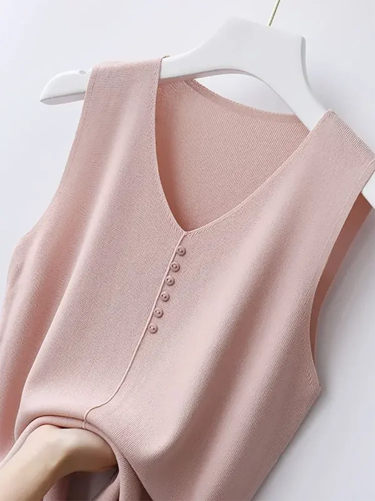 Knitted Vests Women Top V-neck Solid Tank Blusas Mujer De Moda 2024 Summer New Fashion Female Sleeveless Casual Thin Tops