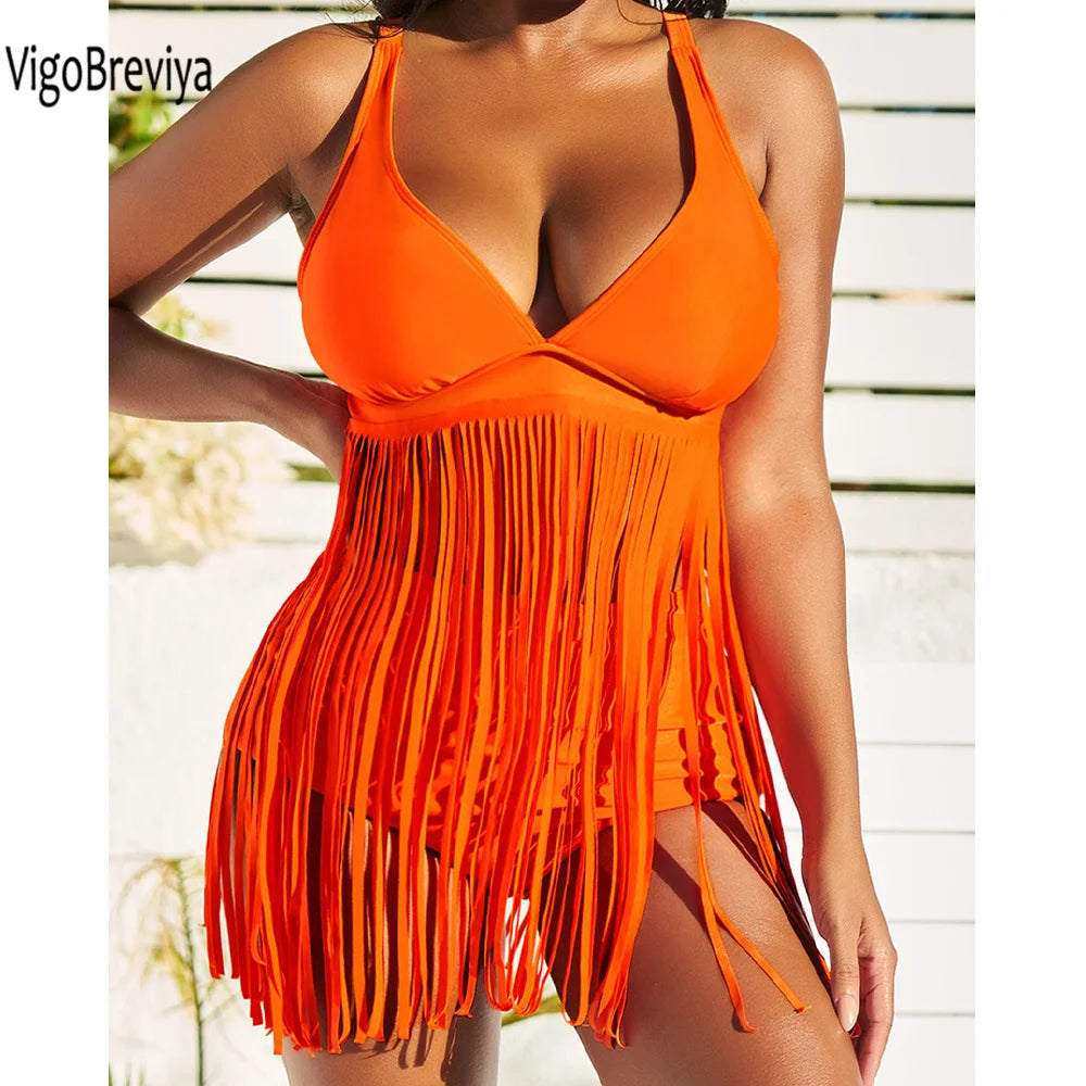 VigoBreviya 2024 Solid V Neck Strapped Tassel Swimwear Women Sexy High Waist Bikini Push UP Swimsuit Summer Beack Bathing Suit