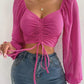 Sexy Women Mesh Lantern Sleeves Drawstring Wrap Chest Bare Midriff T Shirt Women Long Sleeves Bottoming