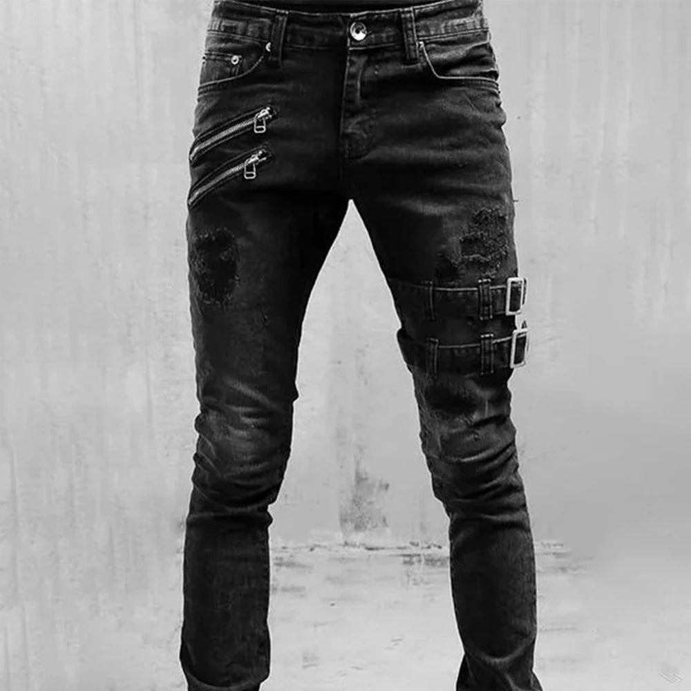 Elastic-Waist Retro Moto Biker Straight Leg Jeans